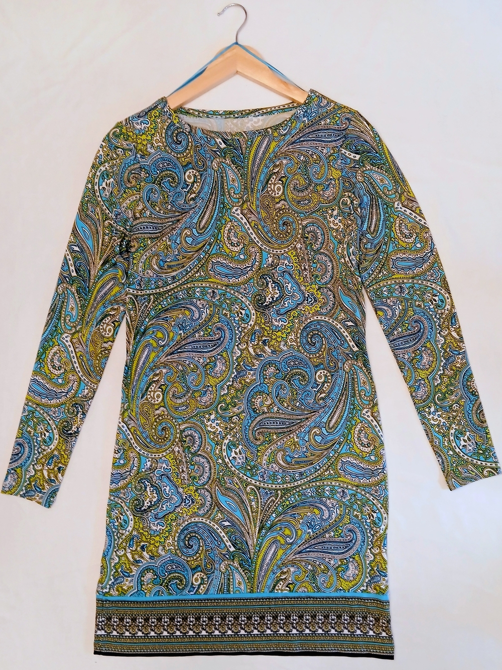 Michael Kors Paisley Shift Dress Long Sleeve Blue Green Knit Border Hem Mini S.M